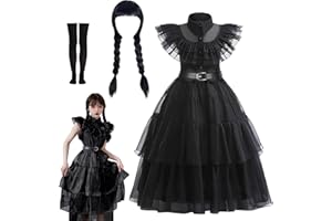 SUNSHINE SMILE Wednesday Kostüm kinder,Mädchen Wednesday Kostüm,Damen Wednesday,Kleid Halloween kostüm Karneval,Kragen Kleid Karneval,Kostüm-Outfits Halloween Karneval,Karneval Mädchen Schwarz Midikleid