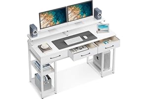 ODK Biurko białe, biurko z 3 szufladami, biurko komputerowe z regałem, 120 x 50 x 90 cm, stół biurowy ze stojakiem na monitor, stół do gier do domu, biura, salonu