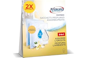 Ariasana Minifresh Coccole di Vaniglia Sacchetti profumati, Sacchetti assorbi umidità armadio e deodoranti 2 in 1, Profumatore armadio, cassetti e piccoli ambienti, sacchetti 2x50g