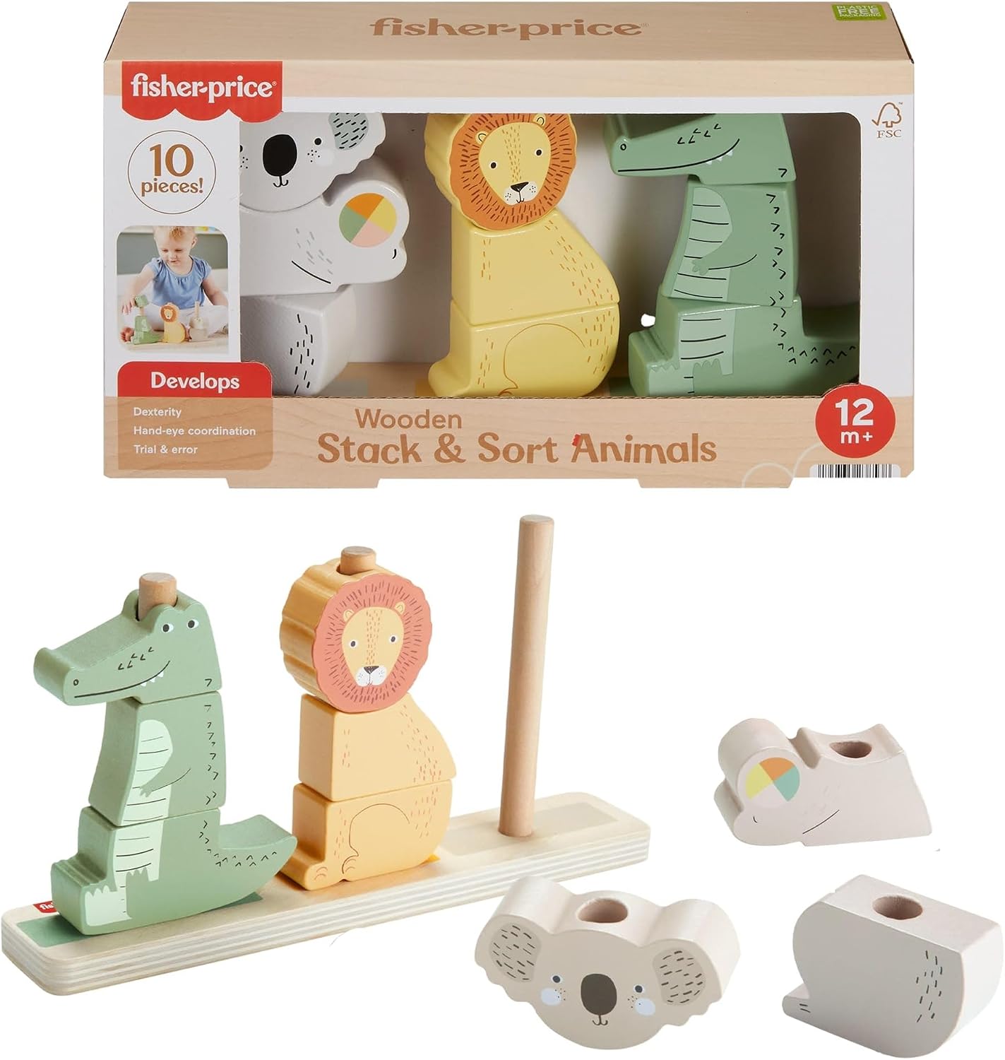 Fisher-Price Bloques apilables con forma de animales (koala, león y cocodrilo), 10 piezas fabricadas con material certificado FSC, juego inspirado en Montessori, para bebés +12 meses (HXV04)