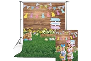 TENCOW Toile de Fond pour Printemps Pâques Œufs de Lapin de Pâques en Bois Marron Fleurs Vertes Toile de Fond pour Photographie de Lapins Décoration de fête prénatale Fond Photo Portrait 5X7FT