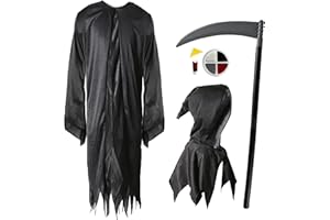 I LOVE FANCY DRESS Childs Grim Reaper Costume - Black Ragged Robe, Plastic Scythe, Facepaint - Kids Halloween Fancy Dress Costume