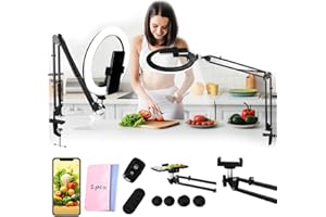 TAVADA Ringlicht Mit Stativ,Handy Overhead Stativ 10,Dimmbares LED-Ringlicht,RGB Ring Light,Tisch Selfie Licht Ringleuchte Lichtring für Videoaufnahmen,Makeup,Tik Tok,Kompatibel mit Smartphone
