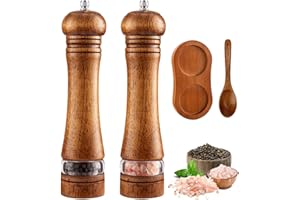 Caossuixin 8 Inch Wooden Salt and Pepper Grinder Set of 2, Salt and Pepper Mill with Adjustable Coarseness Ceramic Core & Acrylic Window, Manual Spice Grinders with Tray Spoon for Home Kitchen Camping