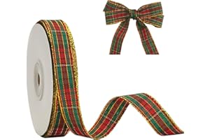 G2PLUS 25 Yard Nastro di Natale Rosso e Verde,Nastro di Tela Plaid Con Bordi Oro 15mm - Decorazione Regalo per Confezioni e Natale, Artigianato
