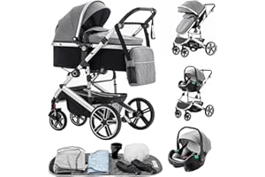 Zkiprm 3-in-1 Baby Stroller Travel System, Pram and Car Seat Combo, Pushchair with Height Adjustable Handle, Baby Buggy with Mosquito Net, Travel Pram with Aluminum Frame for Newborns 0-4 Years