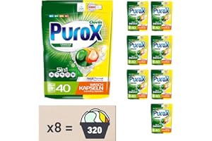 CLOVIN PUROX PUROX UNIVERSAL Lessive Capsules (40 Lavages x 8) – pour Tous Textiles, Élimine les Taches, Protège les Couleurs, Entièrement Rinçable, Formule Optimisée, Doypack Multipack 8 pièces