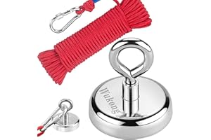 Wukong Super Potente tirar redondo imán de neodimio con avellanado agujero y cáncamo 150kg fuerza de tracción,diámetro 60 mm y 6 mm trenzado cuerda 66 ft - perfecto para imán pesca y recuperar Salvage