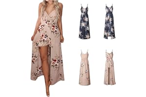 Cunhuan Bohemian Dress for Women UK Plus Size High Waist Summer Boho Sundress for Ladies Wrap V Neck Long Maxi Dress Sleeveless Slit Womens Prom Dress