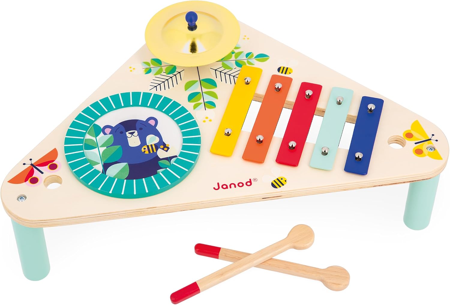 Janod - Mesa Musical de Madera Gioia - 3 Instrumentos Musicales Infantiles - Juguete de Imitación y Estímulo Musical - Pintura al Agua - A Partir de 12 Meses, J07655