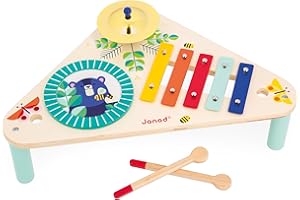 Janod Gioia Wooden Musical Table - 3 Children’s Percussion Instruments - Pretend Play Musical-Awakening Toy - Multicolor - 12 Months +, J07655