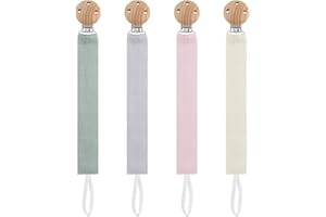 DOUUCO 4er Pack Schnullerkette Stoff, Schnullerketten mit Buchenholz Clip, Schnullerband Stoff für Jungen & Mädchen, Personalisiert Nuckelketten für Kinderwagen Hochstuhl Zubehör