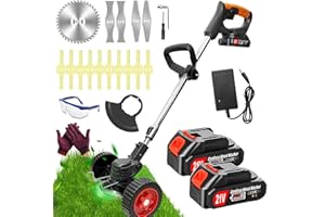 FISIYINDZ DéBroussailleuse à Batterie Electrique sans Fil 21V 2.0Ah Coupe Bordure avec 2 Batterie et Chargeur Rapide Taille Bordure avec Roues Trois Types De Lames,légères et à Faible Bruit,pour Jardin Élagage