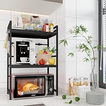 LARS360 Étagère à Micro-Ondes Extensible Avec 3 Niveaux En Acier Au Carbone Support Pour Micro Ondes Avec 8 Crochets Suspendus Pour Cuisine Et Rangement Noir