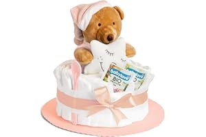 HOMERY Pieluchy tort boho z pluszakiem dla dziewcząt lub chłopców, prezent z okazji narodzin matki, chrztu lub przyjęcia dla dziecka – pomysł na prezent z pieluchami dla noworodków – w zestawie kartka z