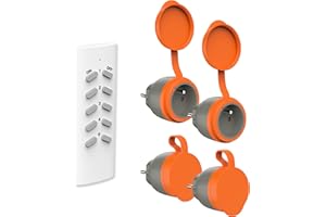 Ucomen Prises Telecommande sans Fil 3680W,Prise Exterieure Etanche,portée 30 m,4 Prises et 1 Télécommande avec All On/Off,Orange/Noir,Type E (FR),16A