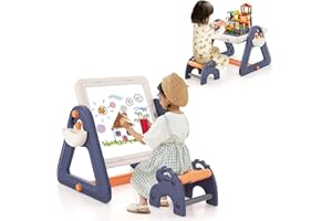 GOPLUS - Mesa infantil con silla, mesa infantil de doble cara con 6 marcadores, 1 borrador, 6 en 1 mesa de dibujo de actividades plegable con 160 bloques de construcción, carga 75 kg, para 3 años