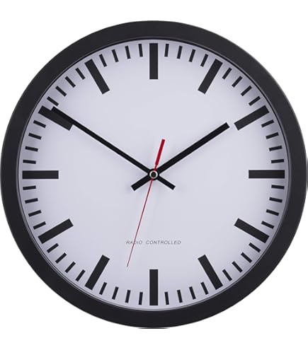 Eurotime Wireless Wall Clock, 40cm, Stainless Steel Housing, Black, Real Glass, Station Dial, Automatic Time Change, Living Room/Office, Red, Indoor Use
