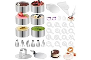 WOOWAIR 134 Pezzi Coppapasta Set, 6 Coppapasta tondi 8cm + 16 Stencil per Mousse + 50 Mousse Cake Boards 9 cm + 50 sac à Poche + 6 Beccucci, Anello per Torte per DIY Mousse Dessert
