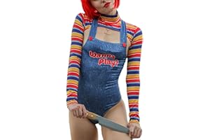 FEMEREINA Disfraz de Halloween para mujer, 2 piezas, disfraz de muñeca asesina de pesadilla aterradora, vestido de personaje de película con inscripción «Wanna Play», conjunto de disfraz de muñeca Chucky