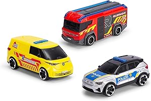 Dickie Toys - SOS-Team Spielzeugautos (je 15 cm) - 3er-Set Autos mit Freilauf für Kinder ab 3 Jahre, Volvo EX40 Polizeiauto, VW ID. Buzz Krankenwagen & Rosenbauer Penta Feuerwehrauto