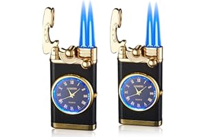 HJZWTS 2 mecheros con reloj, encendedor de gas con llama de chorro doble, mechero de metal resistente al viento, portátil, inflable para hombres y padres (sin gas)