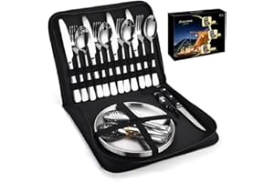 CCHONG Camping Cutlery Set with Bag for Outdoor Travel Picnic Set Stainless Steel Travel Cutlery Set Knife and Fork Sets Camping Travel Accessories (Silver, 20PCS)