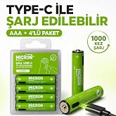 Micron AAA Şarj Edilebilir Lityum Pil 1.5V 1000 D&ouml;ng&uuml; USB Type-C Girişli AAA İnce Kalem Pil 4&rsquo;l&uuml;