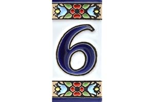 ART ESCUDELLERS Numero casa.Insegna con numeri e lettere fatte di piastrelle ceramica dipinte a mano con la tecnica "cuerda seca", nomi indirizzi e segnaletica. Disegno FLORES MINI 7,3 cm x 3,5 cm (NUMERO SEI "6")