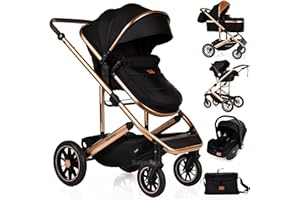 BAYOBAY Baby 3 in 1 Travel System Pram with Car Seat Stroller 3 in 1 Buggy Pushchair Child Lightweight Folding Stroller Pram for Newborns Toddlers from Birth (Black Gold Frame)