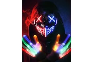 ANANBROS Máscara de Halloween de miedo guantes de esqueleto para mujeres y hombres, máscara de purga de 3 modos, 6 modos de luz LED brillante, máscara de Halloween de grito anónimo