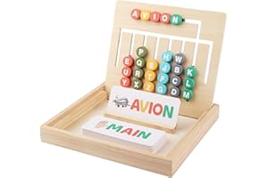 EDU'LUDIK Jeu Éducatif Montessori 2 en 1 en Bois FSC - Apprendre à Lire et à Écrire + Apprendre les Formes Géométriques - 40 Cartes recto/verso - Voyelles en rouge - Illustrations enfantines - Dès 3 ans