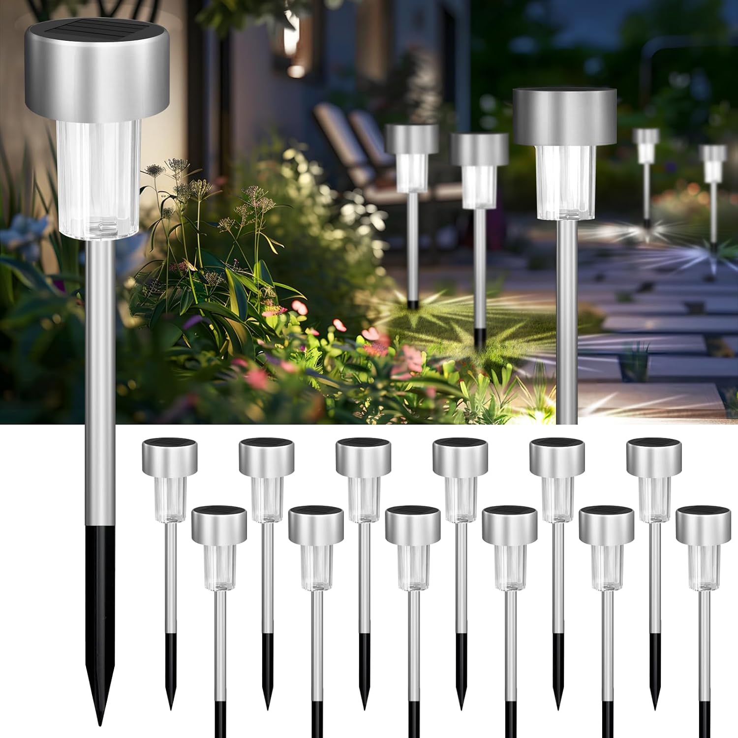 Jsdoin 12PCS Solar Garden Lights, Garden Stake Light Stainless Steel LED Solar Lights Waterproof Auto On-Off Pathway Lighting for Walkway, Patio, Outdoor, Lawn, Driveway