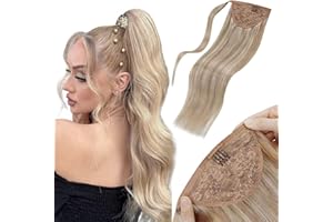 LaaVoo Coda Capelli Extension Biondi 14 Pollici/35cm 70g Coda di Cavallo dei Veri Capelli Clip in Extensiones Biondo Cenere Highlight Bionda Remy Human Hair Straight Ponytail #p18/613