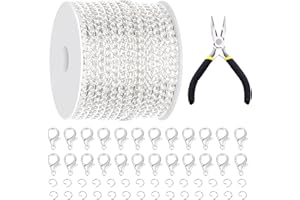 Glarks 102Pcs 30 Feet Jewelry Chains Set Silver Cable Link Chains Link Rolls Bulk Twisted Links Chain Necklace Jewelry Making Chains with Lobster Clasps and Jump Rings for Necklace Jewelry Making