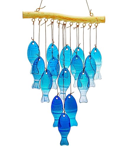 Windspiel Mit Blauen Glasblättern – Garten-Deko Für Terrasse, Balkon, Zum Aufhängen, Beruhigender Klang
