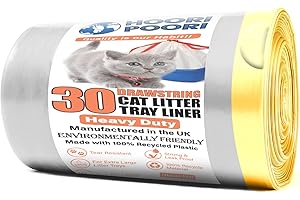 HooriPoori Drawstring Eco 30 XL Extra Large Heavy Duty Cat Litter Tray Liners on a roll Scratch Resistant Plastic Bags Environmentally Friendly 100% Recycled Material