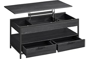 ‎VASAGLE VASAGLE Stolik kawowy, stolik do salonu z wysuwanym blatem, szufladami do przechowywania, z otwartym schowkiem i ukrytą komorą, antracytowy szary i czarny atrament LCT209B22