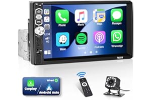 Bluetooth 1 DIN Radio Coche Carplay Android Auto Hikity 7‘’ Pantalla táctil Autoradio FM TF USB AUX-in Bluetooth Cámara de Visión Trasera+Micrófono Externo+Control Remoto