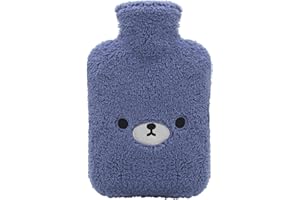 Samply Hot Water Bottle with Cute Fleece Cover, 2L Hot Water Bag for Hot and Cold Compress, Hand Feet Warmer, Neck and Shoulder Pain Relief,Bear Blue
