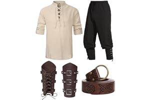 VELMAWIG Mittelalter Hemd Viking Kostüm Herren Renaissance Viktorian Piraten Schnürhemd Fischerhemd Kriegerin Gothic Stehkragen Cosplay Top with Kniebundhose Männer Armschützer Steampunk Ritter Gürtel