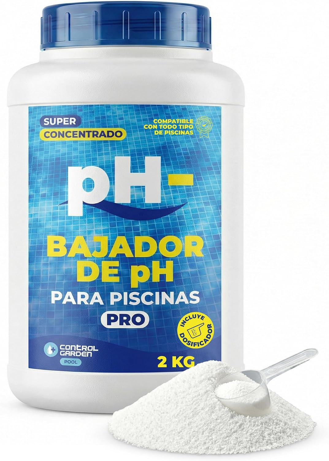CONTROL GARDEN Bajador PH Piscinas Granulado 2 KG | Reductor pH- Piscina Interior y Exterior | Minorador Sólido - Súper Concentrado | Pool Regulador de Poliester, Liner y Electrólisis Salina