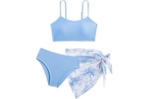 LIKCAISA Mädchen-Bikini-Set mit Röcken, Geripptes Badeanzug-3-Teil-Set, Schwimmbekleidung für Teenager, Größen 9 10 11 12 13 14 Jahre (128,134,140,146,152,158,164)