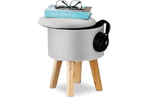 Relaxdays Pouf Contenitore Rotondo, Sgabello Poggiapiedi Imbottito in Velluto, Gambe in Legno, 36 x 30 cm, Grigio Chiaro