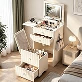 Small Dressing Table with LED Light, 3 in 1 Makeup Table with Folding Mirror &amp; Folding Side Table, Narrow Penteadeira with St