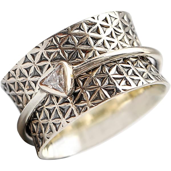 Energy Stone Bague Tournante Méditation « ÉQUILIBRE & BEAUTÉ » – Argent 925, Laiton & Cuivre, Motif Feuilles Élégant