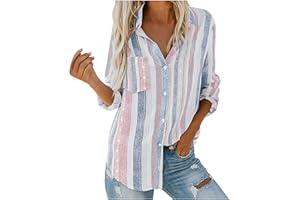 NUSGEAR 2023 Camisa de Manga Larga Mujer Moda Raya Impresión Blusa Cuello en V Suelto Camiseta Tops Fiesta Casual Botones T-Shirt Original otoño Primavera tee Cómodo Jersey Suéter Oficina Negocio