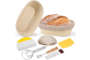 JAOBHAHY Cestino da Lievitazione per Pane,2 Pezzi Cestino Lievitazione Pane,25cm Ovale Cestino Pane con Fodera in Lino,Frusta per Impasto+Taglierino da pane+Raschietto Metallico + Raschietto di Plastica