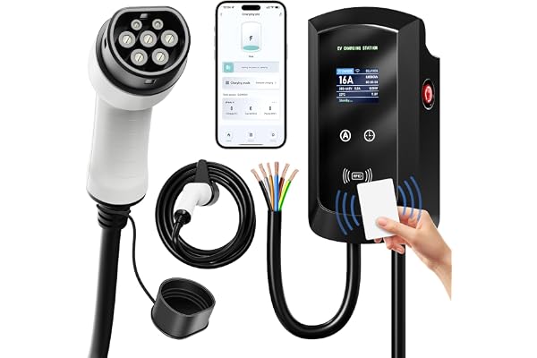 AFYEEV Borne de Recharge pour Véhicules Electriques, Cable Recharge Voiture Electrique, 11kW Triphasé 5M, Contrôle RFID, WiFi et APP, 8-16A Station de Charge Standard IEC 62196-2 pour Ménage