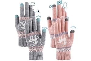 FUKPO 2 Pares Guantes Térmicos Mujer Invierno, Táctiles Rosa Gris Con Estampado de Renos Navideños Para Móvil